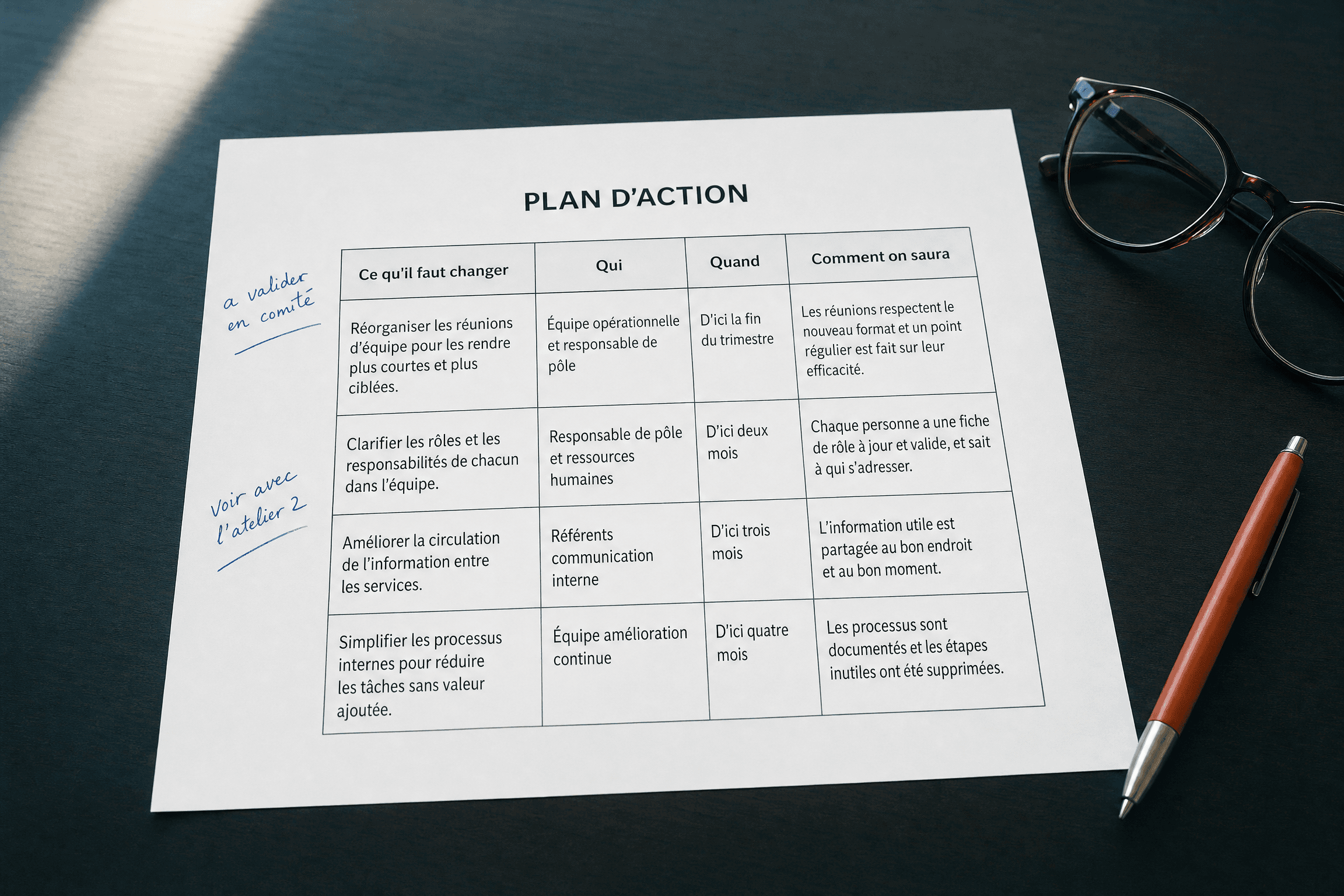 Un plan d'action imprime pose sur une table de direction, annote a la main : ce qu'il faut changer, qui, quand, et comment on saura.