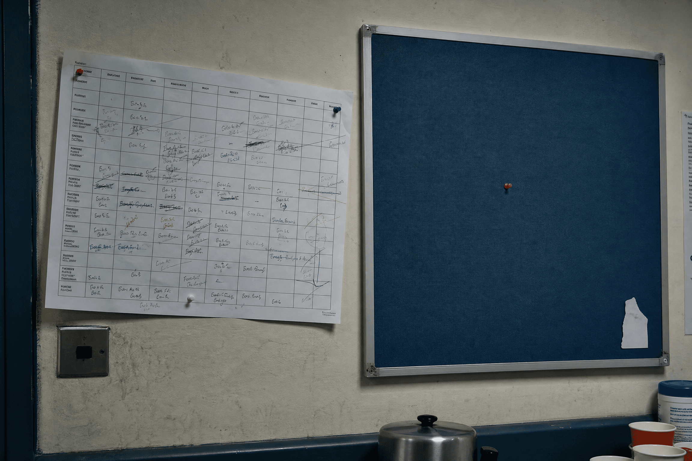 Dans une salle de pause, un planning saturé de remplacements manuscrits, de noms barrés et de flèches, punaisé de travers. À côté, sur le même mur, un panneau d'affichage institutionnel vide.