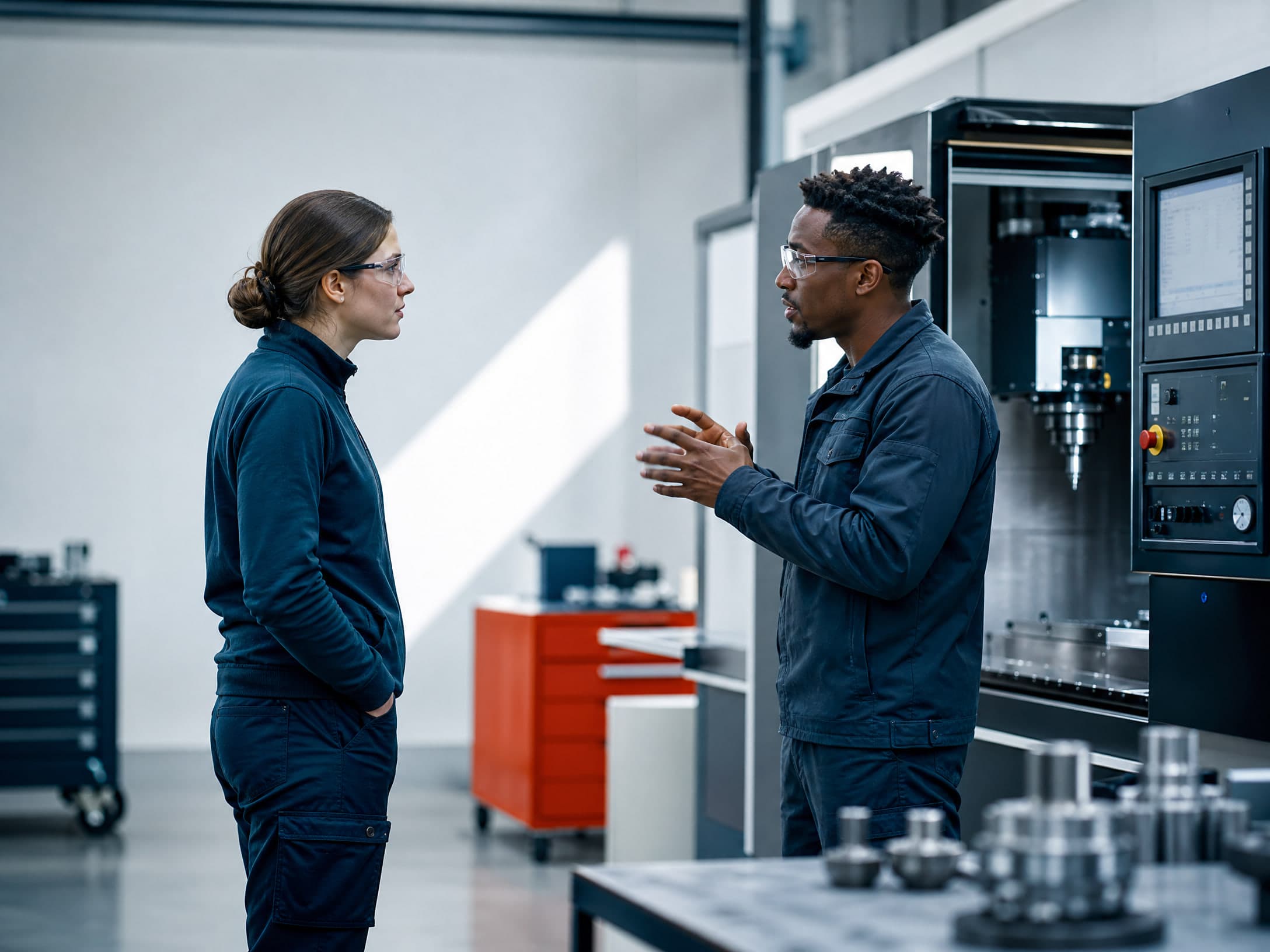 Dans un atelier de production clair, un homme explique quelque chose à une collègue qui l'écoute, les mains dans les poches.